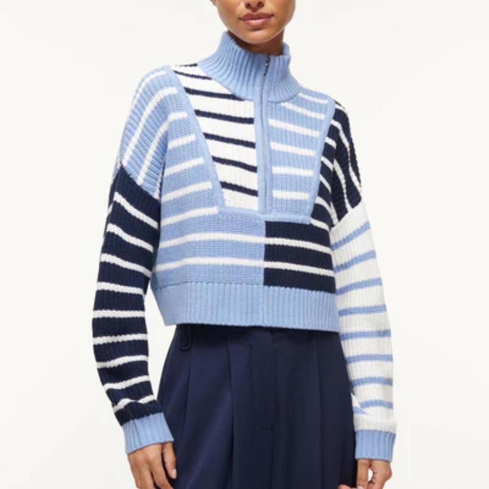 STAUD Blue and White Striped Sweater